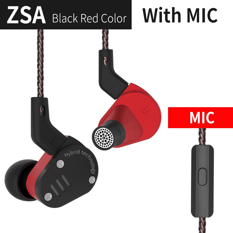 KZ ZSA-Armadura de auriculares intrauditivos de metal, híbrido, monitores deportivos, HiFi y bajos, con cancelación de ruido: ZSA Blackred Mic