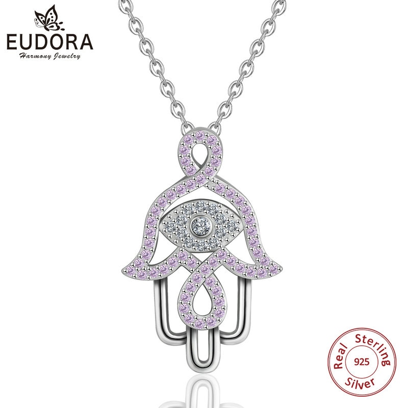 EUDORA 925 Sterling Silber bösen blick Hamsa Hand Anhänger Halskette Hand von Fatima Rosa CZ Charme Engel Anrufer Edlen Schmuck D308