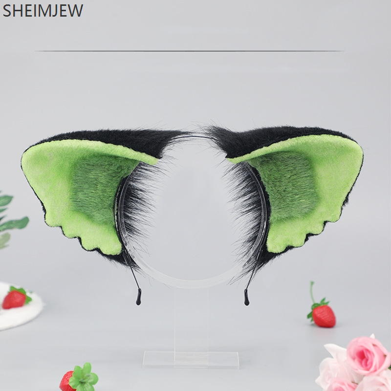 Tocado de felpa de Anime, accesorios para el cabello, bonito tocado verde con orejas de gato negro, diadema peluda de Lolita, disfraz de juego de rol, diadema, accesorio