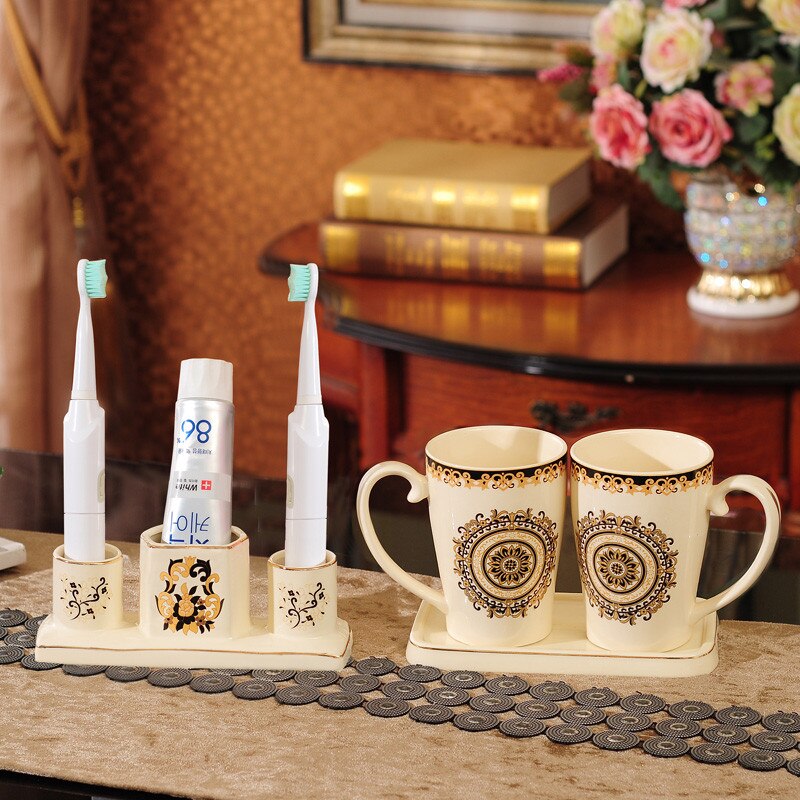 Juego de cerámica para baño, soporte y taza para cepillo de dientes, con bandeja, lavabo, par de cepillos de dientes eléctricos, 4 piezas