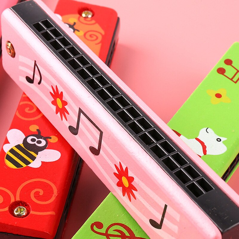 Double Row 16 Hole Harmonica Musical Instruments Children's Wooden Painted Harmonica Early Education Toy Teaching