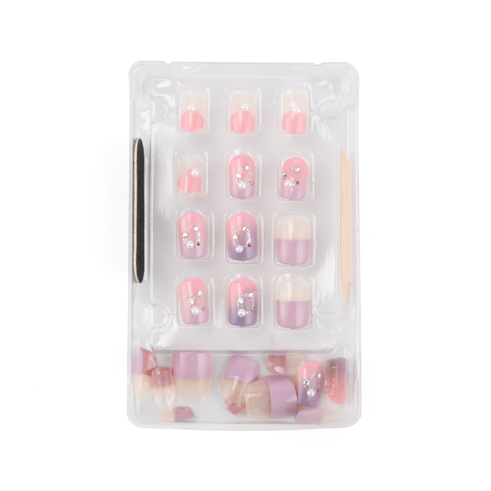 24 Pcs Paars En Roze Kleur Kunstmatige Diamanten Decoratie Kunstnagels Mode Zoete Nep Nagels Met