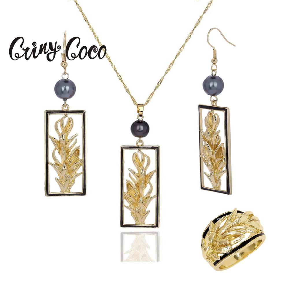 Hawaiian Gold Jewelry Pearl Set Trendy Plant Earrings Polynesian Rings Chian Necklaces Sets for Women Party