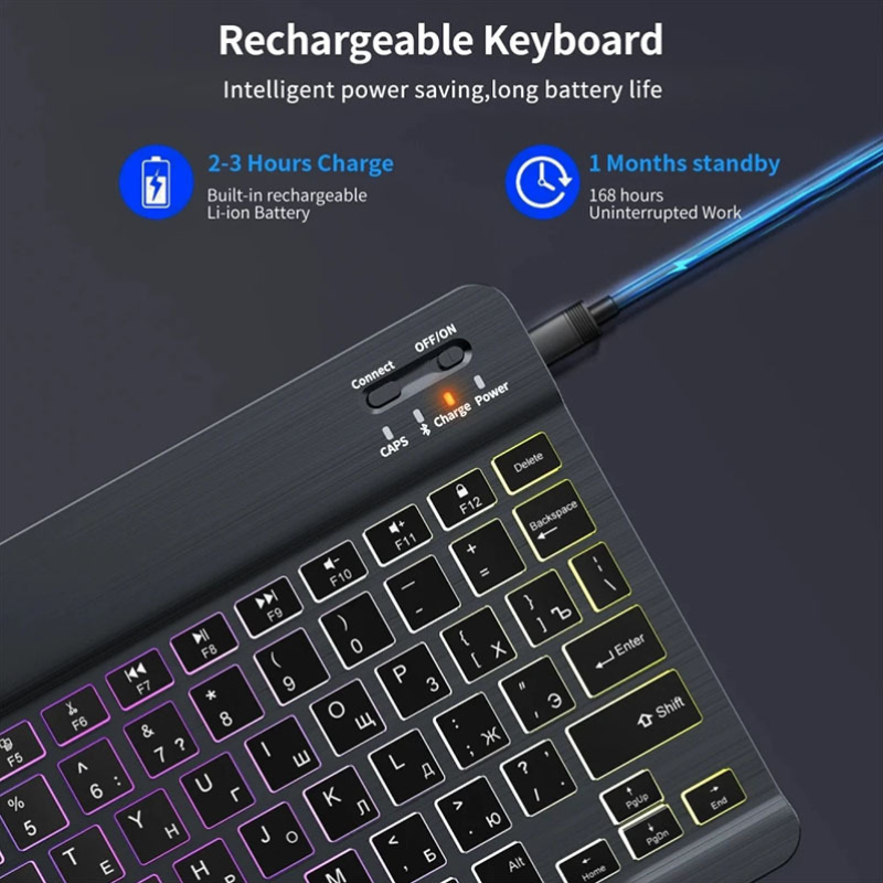 Rgb bluetooth keyboard and mouse set, wireless mini keyboard and mouse set, rechargeable russian keyboards , 25,4 cm,  for ipad tablet