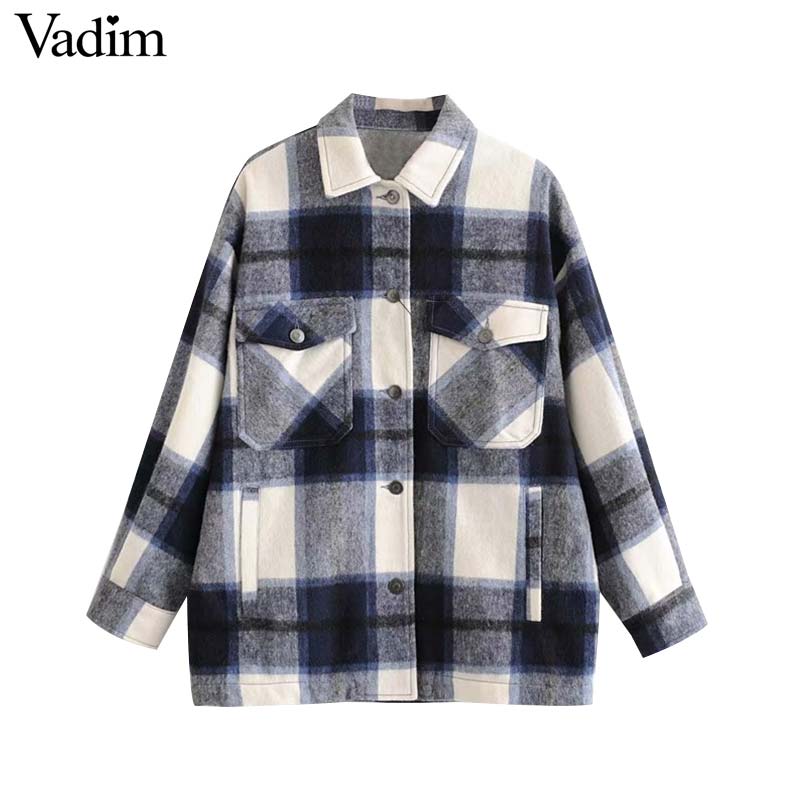 Vadim women oversized plaid jacket long sleeve pockets loose style coats female office wear casual basic tops CA624