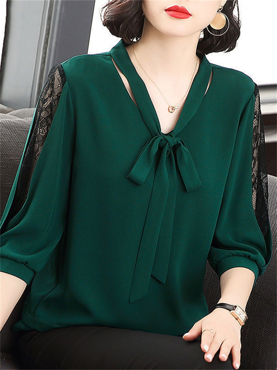 Femmes printemps été Style Blouses hauts dame décontracté nœud papillon Colloar demi manches en dentelle lâche haut Blouse DF4275