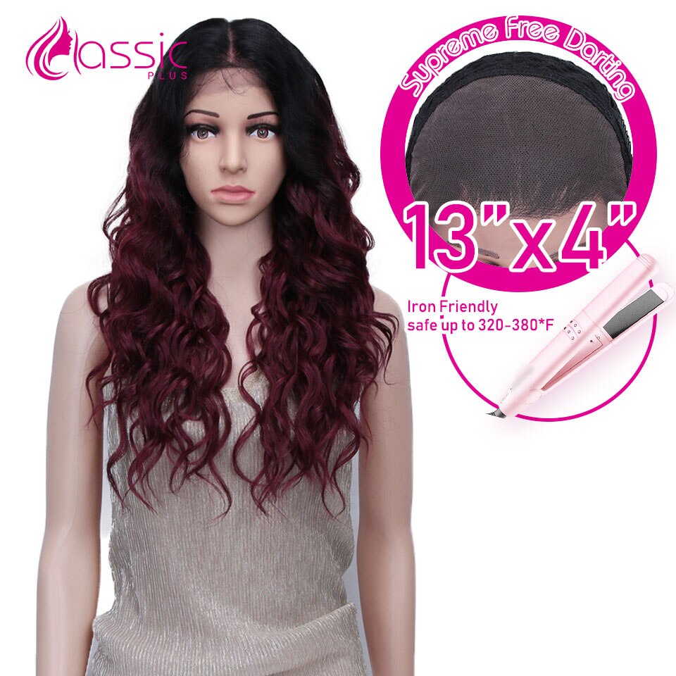 Perruque Lace Wig synthétique ondulée 24 pouces-Classic Plus | Perruque de Cosplay Deep Wave ombré bourgogne brun Blond naturel 13*4 pour femmes noires