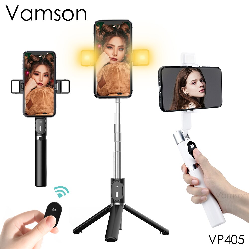 Vamson para iphone ios android tripé selfie vara com controle remoto sem fio bluetooth e 3 cores 9 modos duplo luz de preenchimento vp405