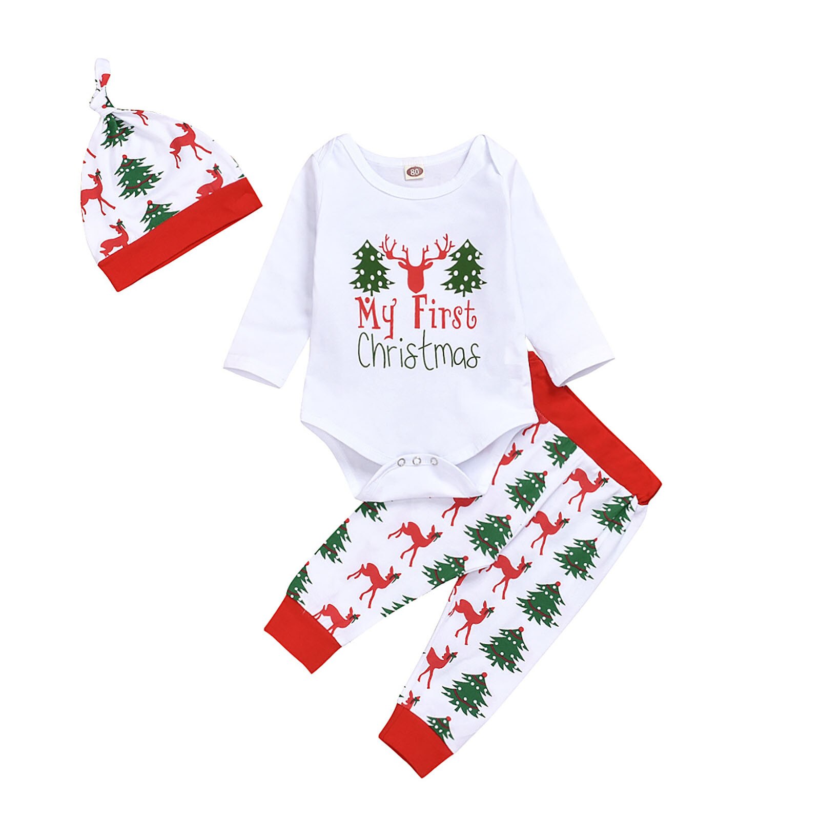 Meu primeiro natal roupas da menina do bebê recém-nascido meninos a letra os veados imprimir roupas roupas macacão + calças + chapéu conjunto crianças: 3M