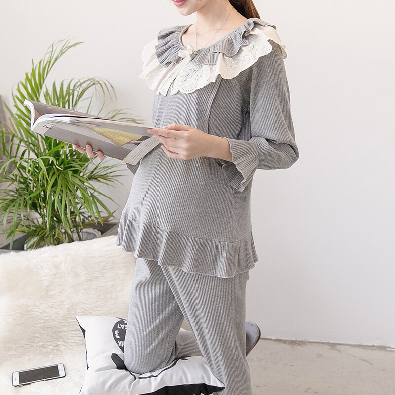 Bomuld ammende gravide natkjoler fuldærmet barsel amning nattøj sæt til graviditet kvinde pyjamasdragt