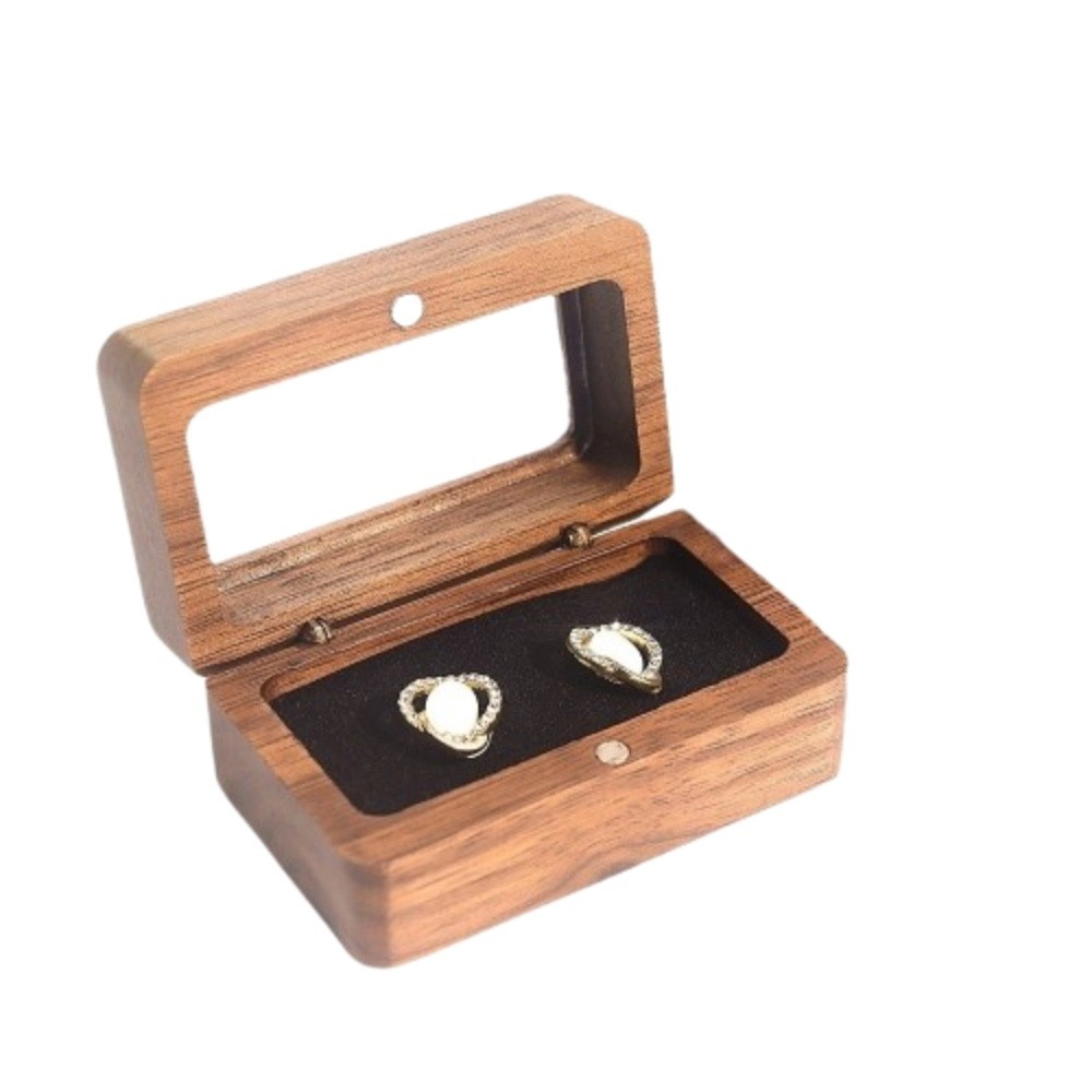 Caja de anillo de madera con doble ranura, ventana de apertura Rectangular, caja de gemelos de nogal negro, exquisito soporte para anillo de joyería a prueba de polvo: BLANCO