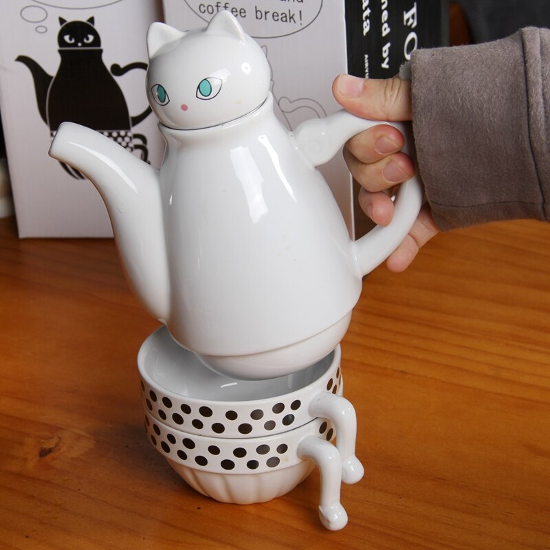 Teteras de gatos japoneses, juegos de café bonitos, tetera creativa de dibujos animados, Taza de cerámica para el hogar, tazas de leche, tetera japonesa, 1 tetera, 2 tazas