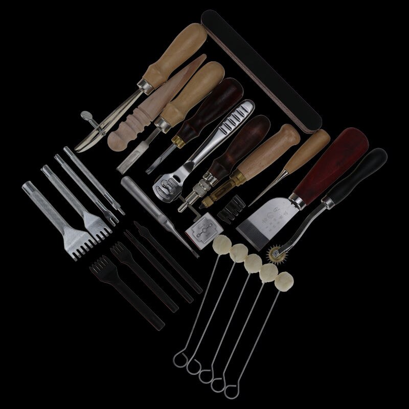 Leather Craft Punch Tools Kit Stitching Carving Working Sewing Saddle Groover Thread Awl Waxed Thimble Kit: 22PCS 1SET