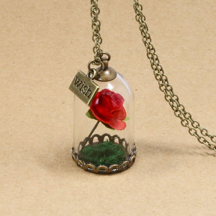 Schoonheid en Het Beest Retro Glazen Flacon Ketting Vlinder Wens Accessoires Ketting Rode Rose Gedroogde Bloem Sieraden voor Vrouwen Meisjes: 1