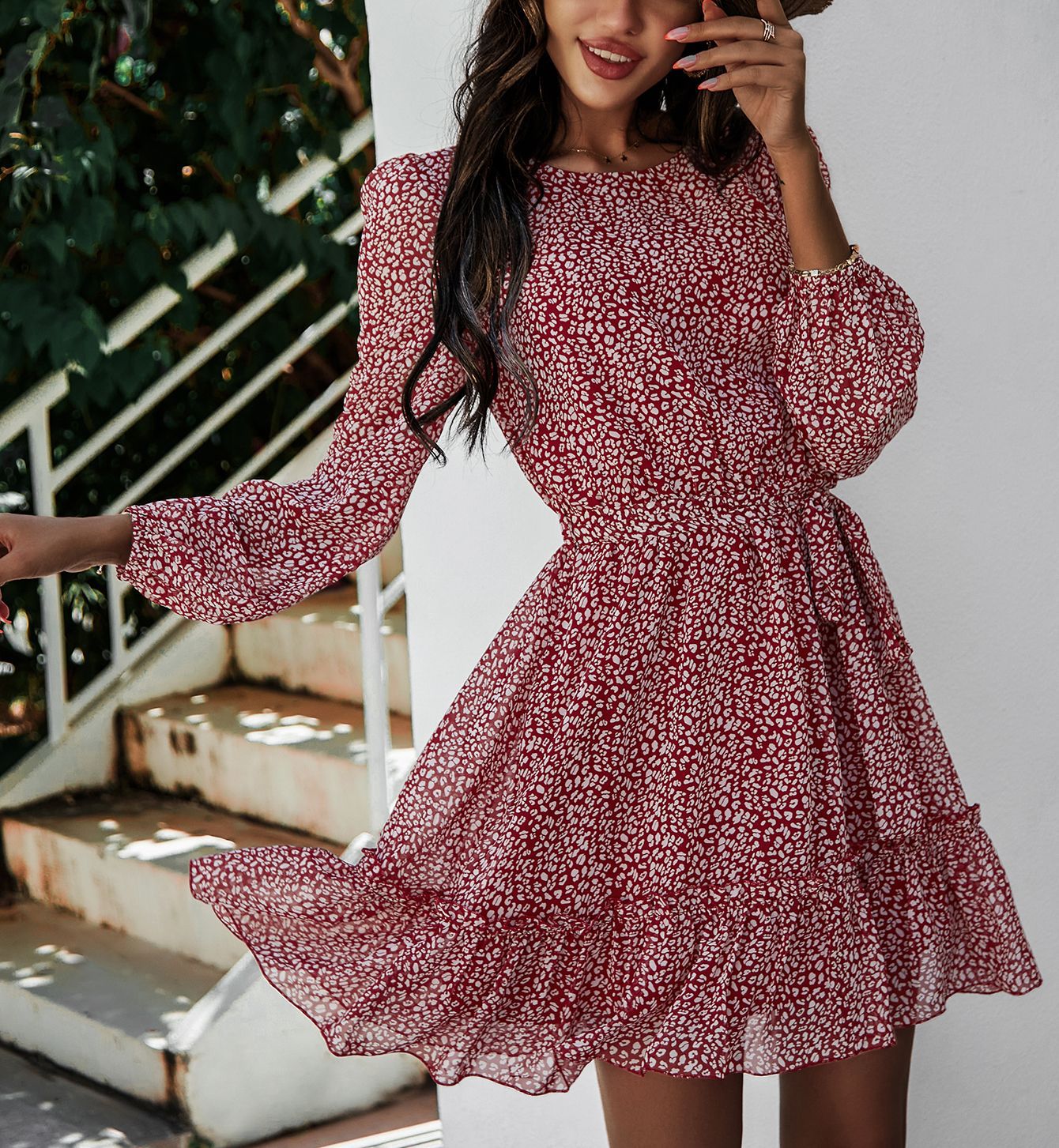 Kvinnor sommar o-ringad chiffongklänningar kvinnliga långärmade klänningar sexiga korta klänningar a-linjeformade festklänningar blommiga vestidos: S / Röd