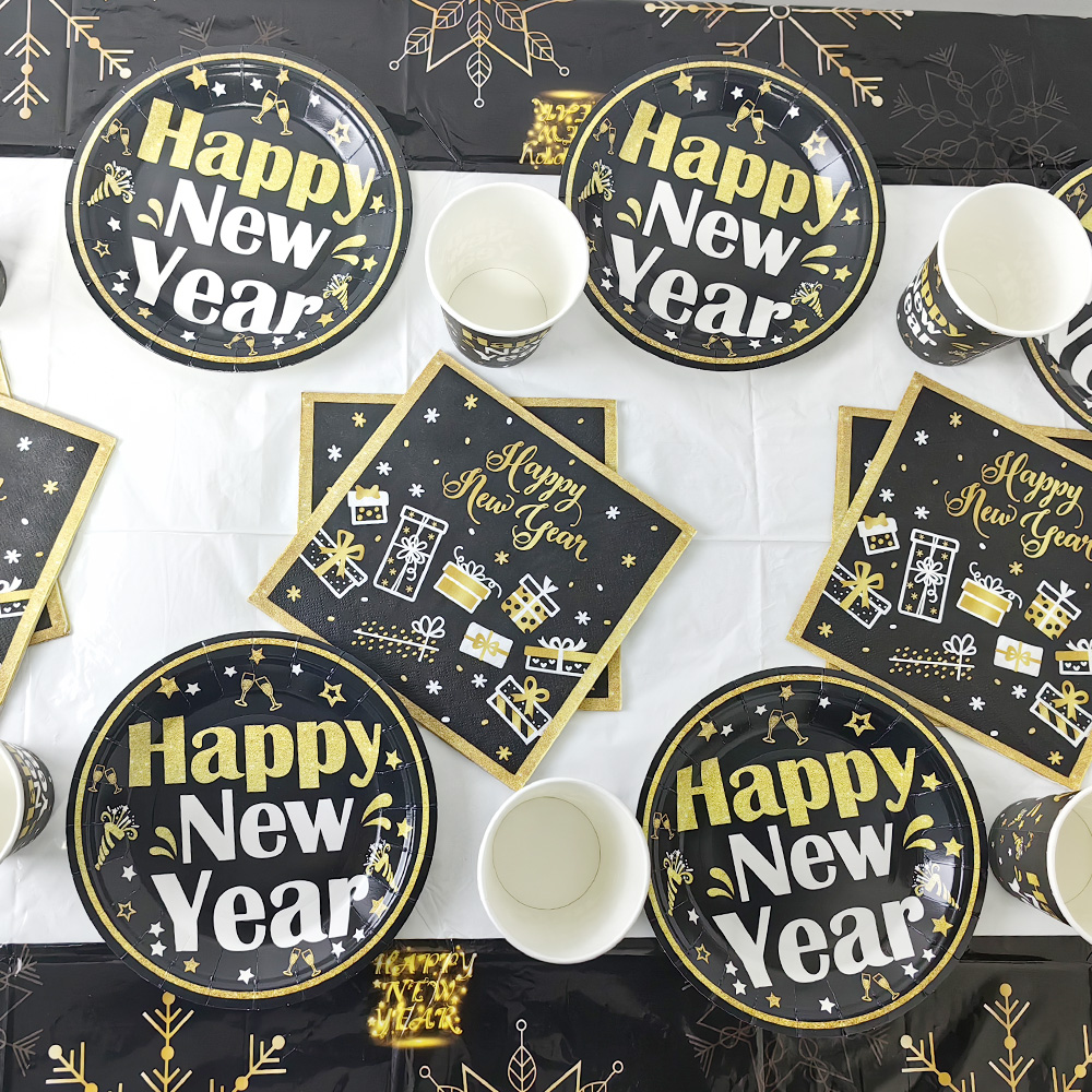 glücklich Jahr Vorabend Partyzubehör Einweg-Erzähler aus Schwarzgold für Neujahr, Servietten, Tischdecke, Neujahrsbanner, Folienballon-Dekorationen