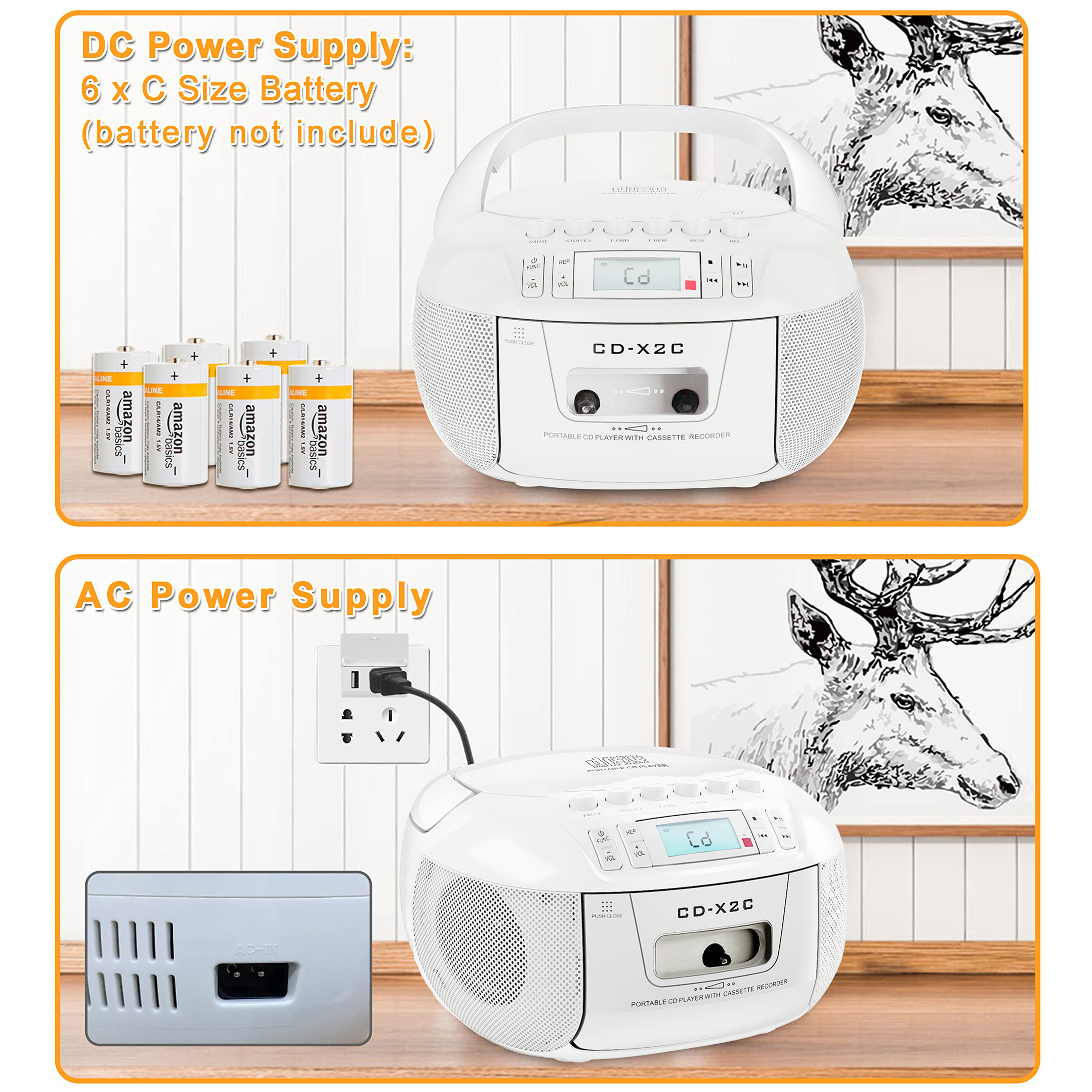 Combo boombox de casete de CD con radios Bluetooth y AM FM, grabadora de cinta de CD portátil con USB, alimentación CC CA