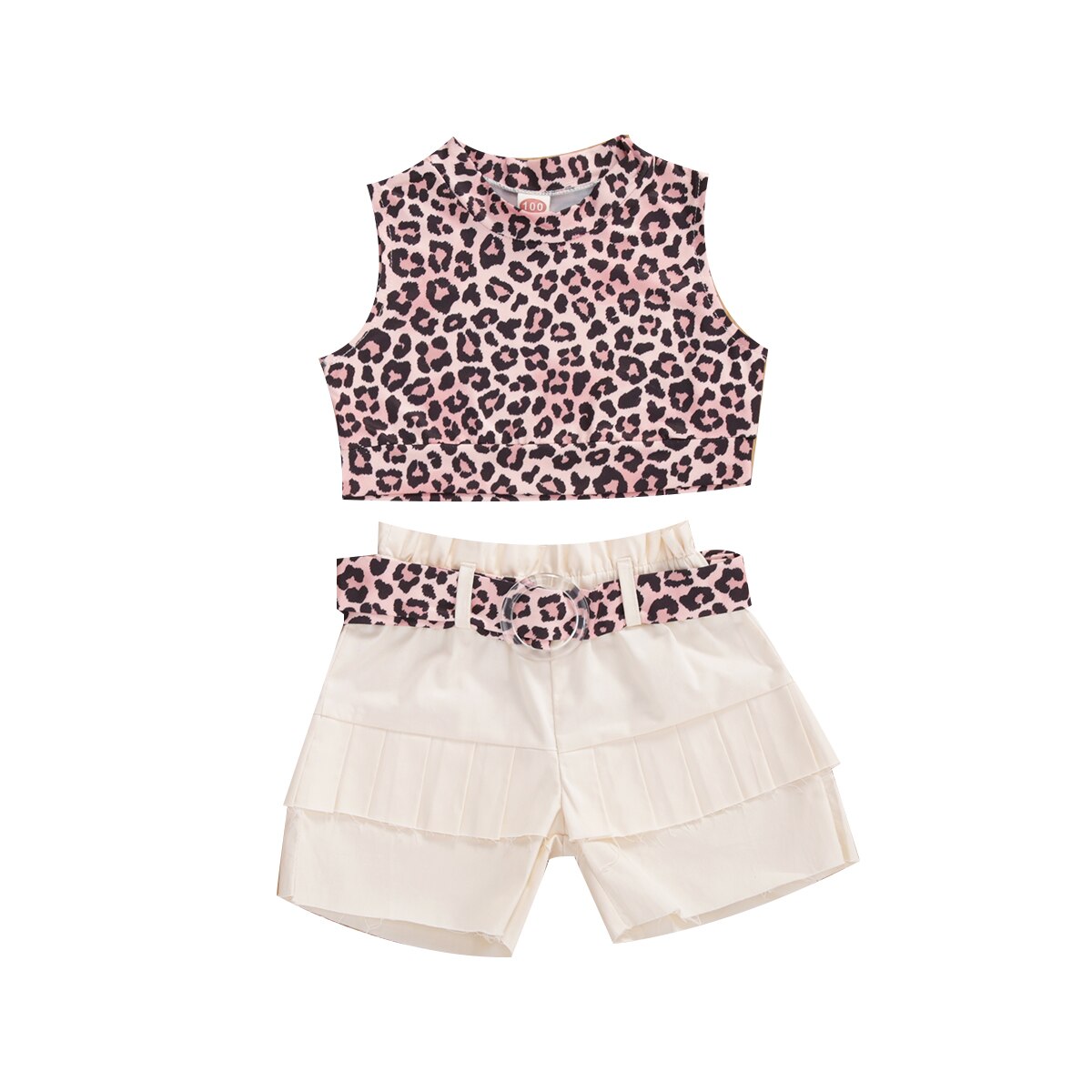 Focusnorm 2-8y herfst meisjeskleding luipaardprint mouwloos vest tops shorts riem 3 stuks of een stuk jas: Vest shorts riem / 8t