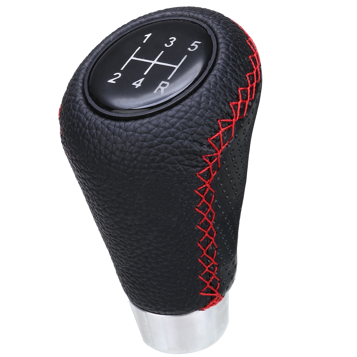 Universal 5 Speed Shift Knob Leather Red Stitch Car Gear Stick Shift Knob Lever Shift Knob Head Kit with Hoses Screws