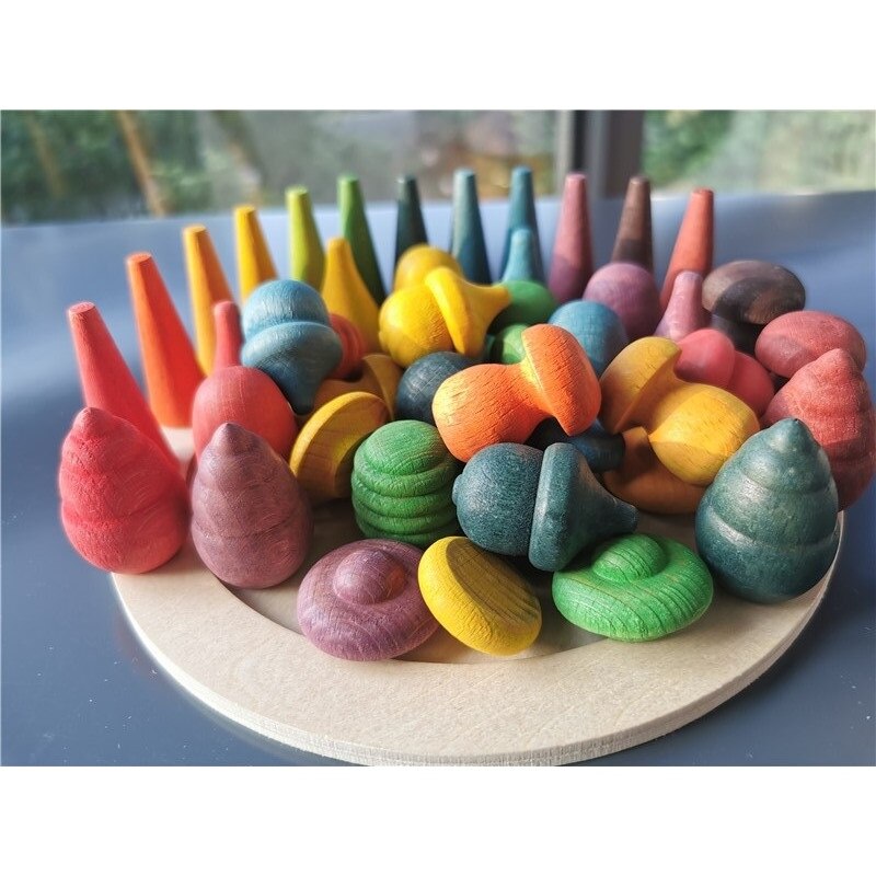 Bloques de Mandala de arcoíris de madera para niños, piezas sueltas Montessori, juguetes de setas, gotas de panal, brotes de bambú, conos de árbol de bellotas