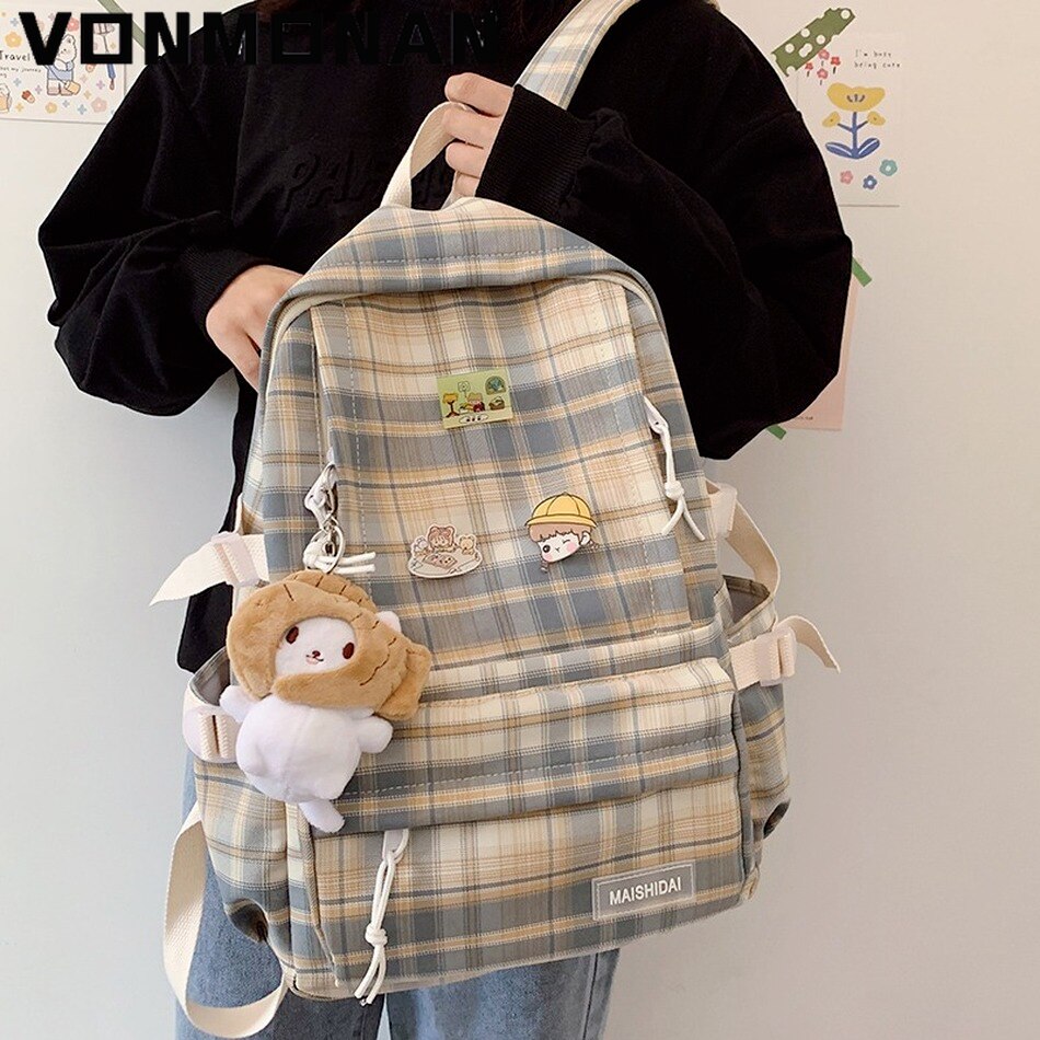 Japanese Plaid Backpack Korean Large Capacity Students Schoolbag Campus Stripe Style Fashionable Girl Waterproof Travel Bag