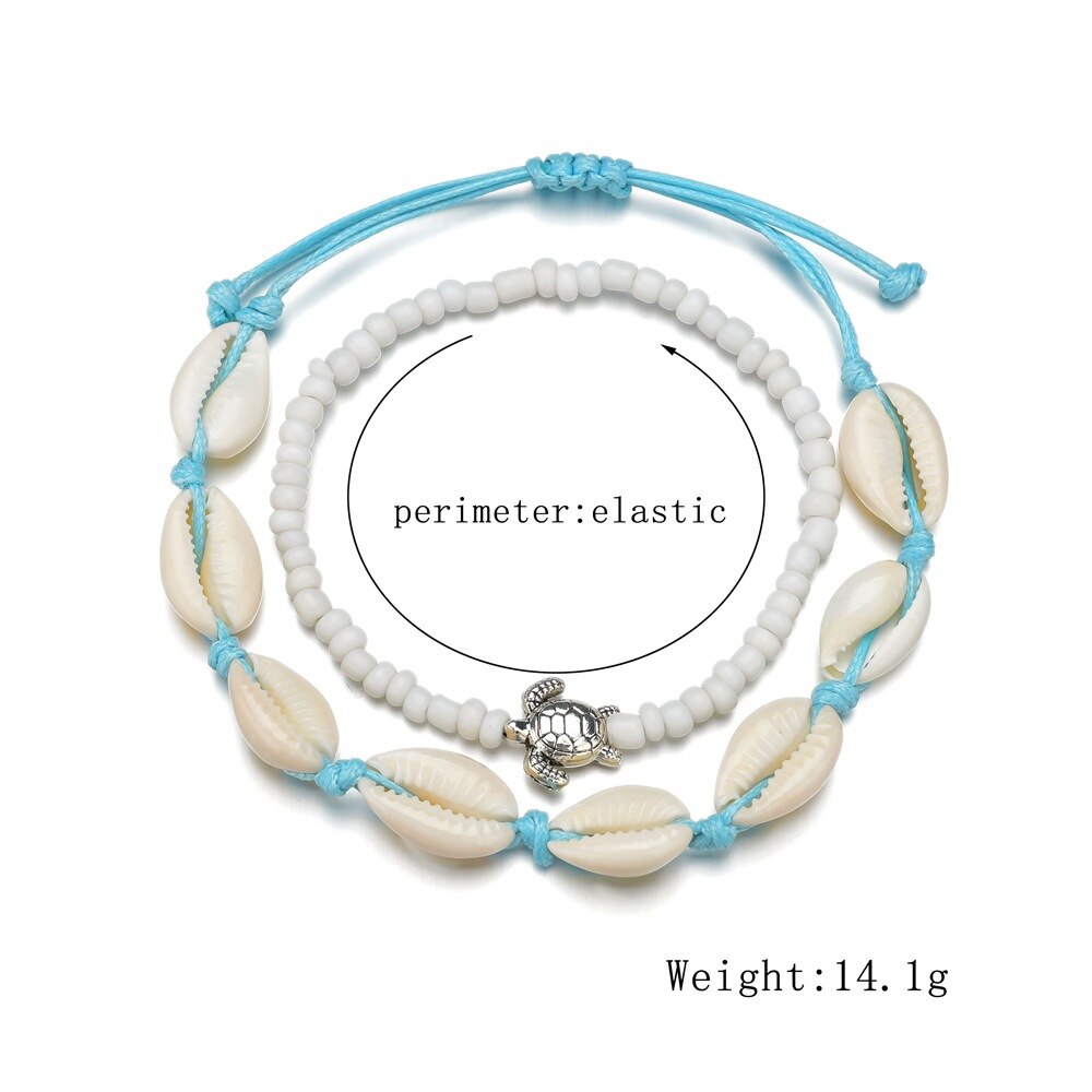 Boho Hülse Schildkröte Handgemachte Fußkettchen für Frauen Blau Seil Kette auf Bein Natürliche Hülse Knöchel Armbinde Fuß Sommer Strand Schmuck
