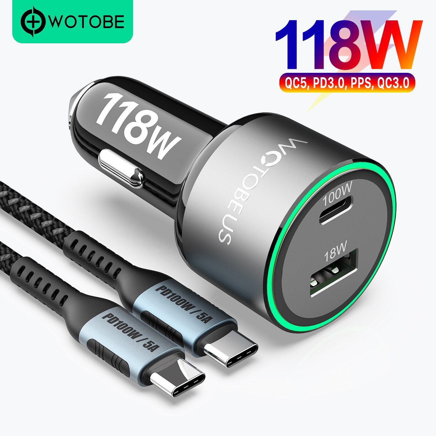 PD 100W USB Car Charger QC5.0 QC3.0 Type C Fast Charging for MacBook Lenovo Dell Xiaomi laptop iphone 13/12 Samsung S21/20 Pixel