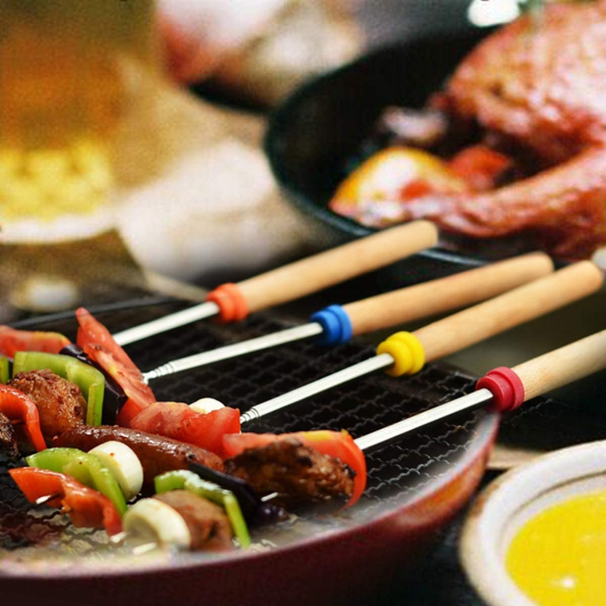 Veiliger Roosteren Vork Stok Roestvrij Staal Houten Handvat Telescopische Spies Als Grillen Gereedschap Voor Thuis, Keuken, Achtertuin Bbq