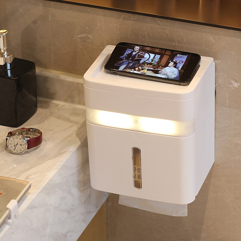 Waterproof Wall Mounted Toilet Roll Holders with Led Sensor Lights Bathroom Tissue Paper Box Rack Toilet Tissue Paper