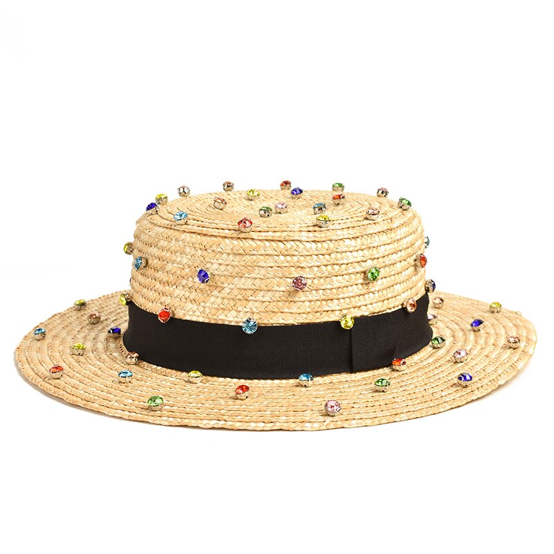 Paja de trigo Natural hecha a mano, decoración de costura de diamantes, sombrero de paja de jazz, viaje al aire libre, Playa