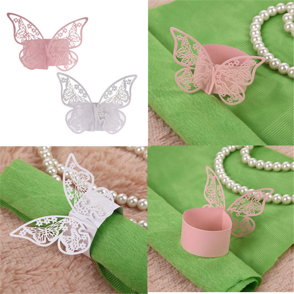 50 stücke Schmetterling Serviettenring Serviettenhalter Hochzeit Bankett Abendessen Dekor Weiß Rosa Farbe
