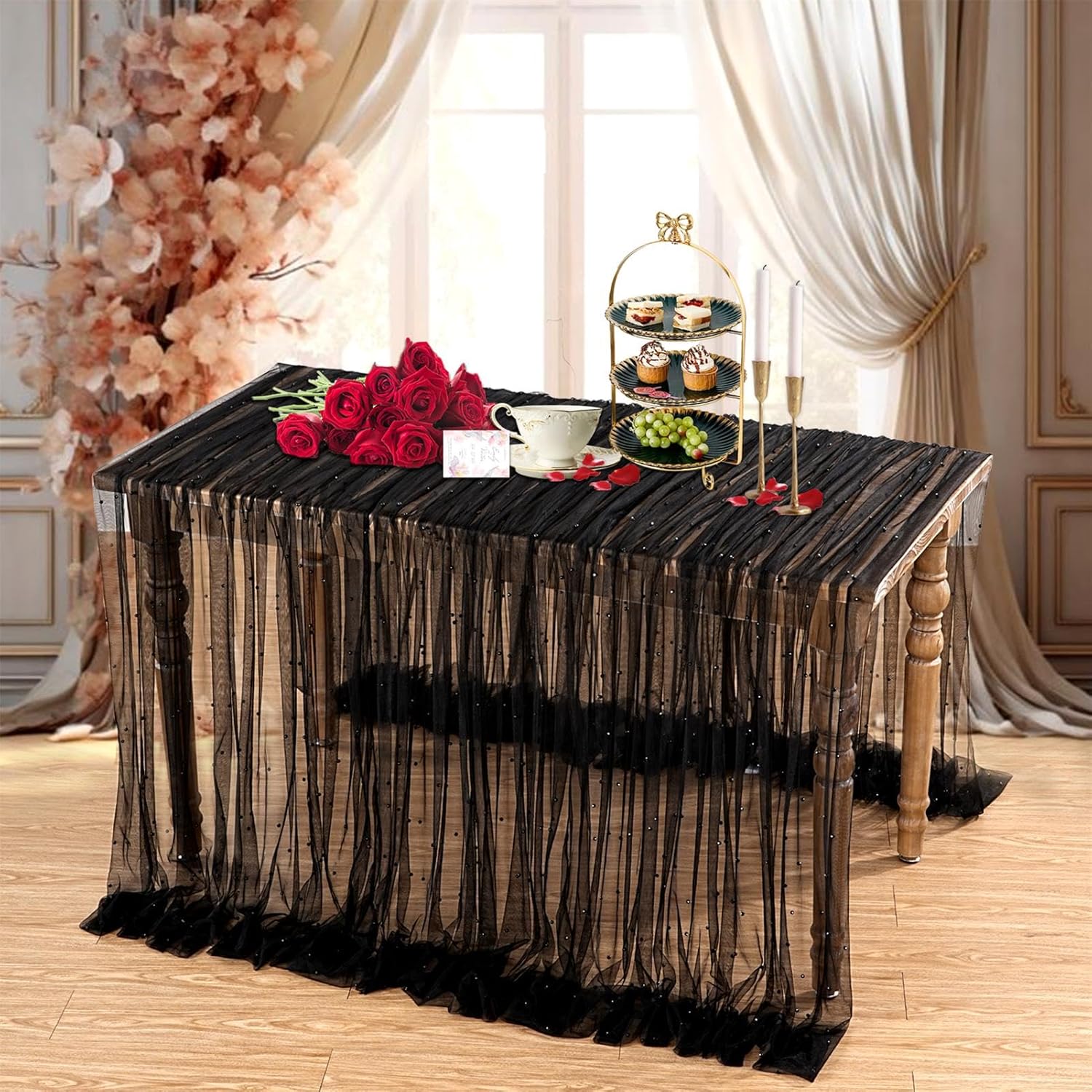 Pearl Table Cloth Wedding Table Runner Decor Tulle Fabric Lace Table Runner for Birthday Party Wedding Arch Veil Decorations: 34*240cm / Burgundy