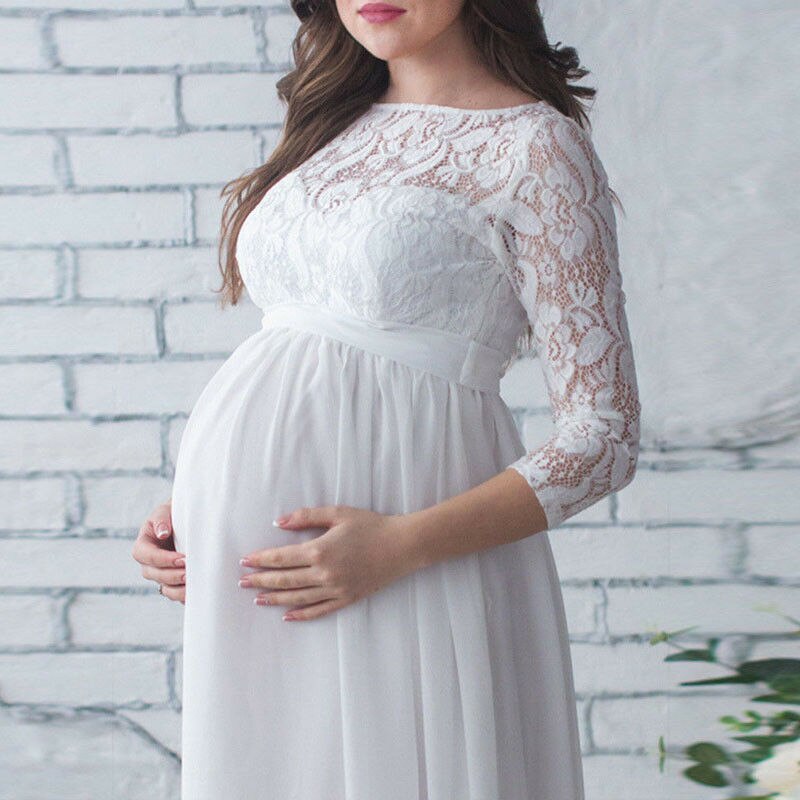 Pudcoco Schwangere murmeln Kleid Mutterschaft Fotografie Requisiten Frauen Schwangerschaft Kleidung Spitze Kleid Für Schwangere Foto Schießen Kleidung: Weiß / L