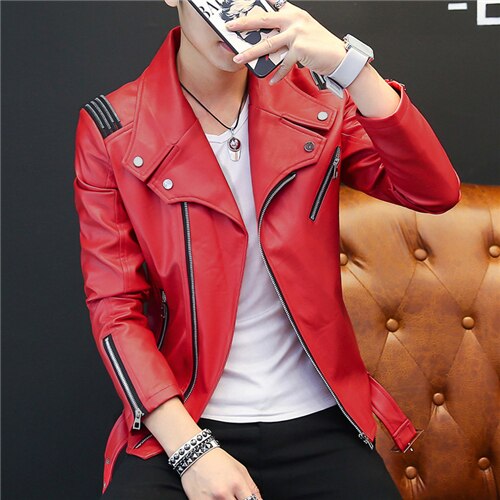 Classic Mens PU Leather Jacket Red White Black Fall Winter Slim Male Faux Leather Motorcycle Coats: Red / XXL