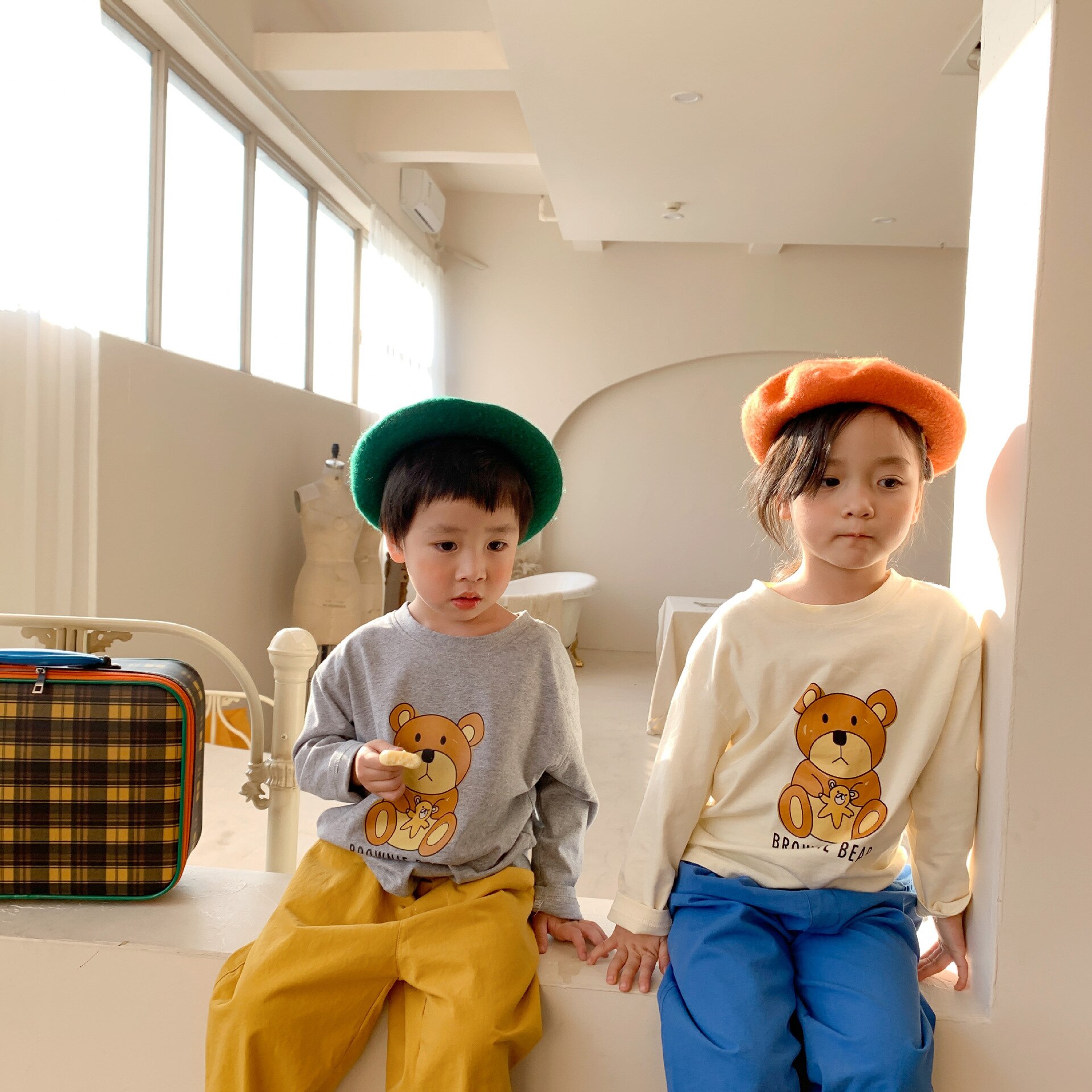 Lente Mode Kids Meisjes En Jongens Cartoon Lange Mouwen Beer Patroon T-shirt Tops