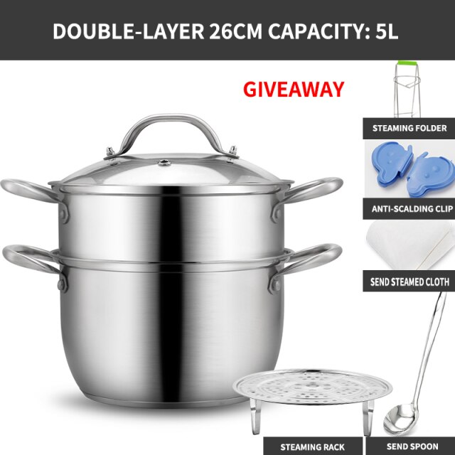 Kitchen Stainless Steel Thick Steamer pot Soup Universal Cooking Pots for Induction Cooker Gas Stove steam pot: 26cm-two layers