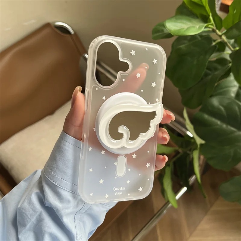 Korea's cute magnetic stand Tok cartoon star Angel Wings Magsafe phone case for iPhone 16 15 14 13 Pro Max mirror back cover