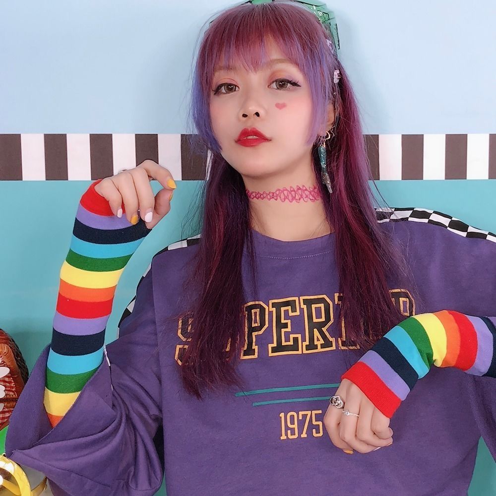 Korean Women Cute Rainbow Arm Warmers Long sleeve Sunscreen Cuffs Female Arm Sleeves UV Protection Thin Sleeves