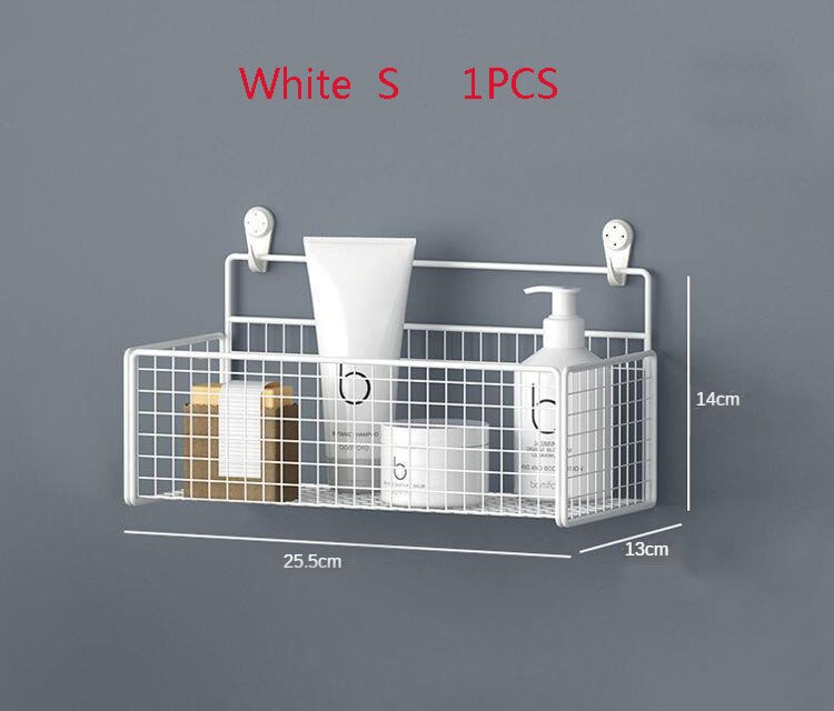 Black Wall-mounted bathroom shelf organizer Shampoo Rack Toilet Accessories Kitchen Free Punch Condiment Storage Basket: White S 1PCS