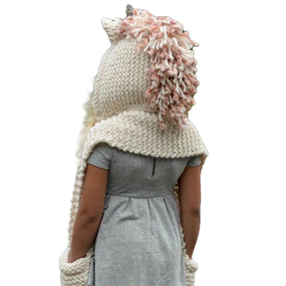 Voksne børn enhjørning hat med tørklæde efterår vinter varm hætteklædt strikket uld sjal cap beanie afslappet damer tyk varm tørklæde