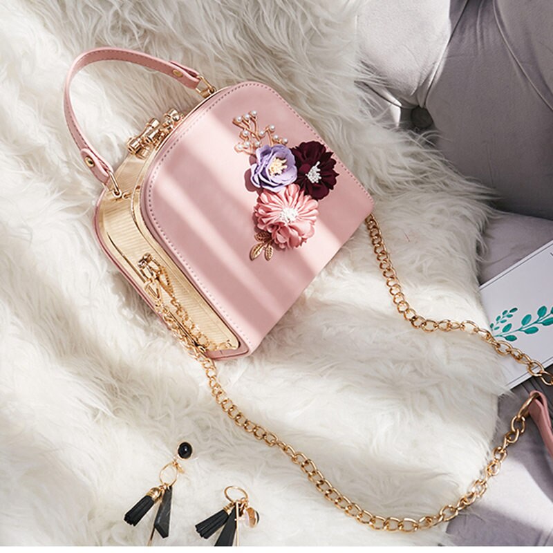 LYKANEFU Sacchetto Delle Donne con 3D Fiore Delle Donne Borse messaggero con Lunghi Casella catena di Metallo portafoto Borsa Catena Croce Corpo Della Borsa sacco a principale: rosa