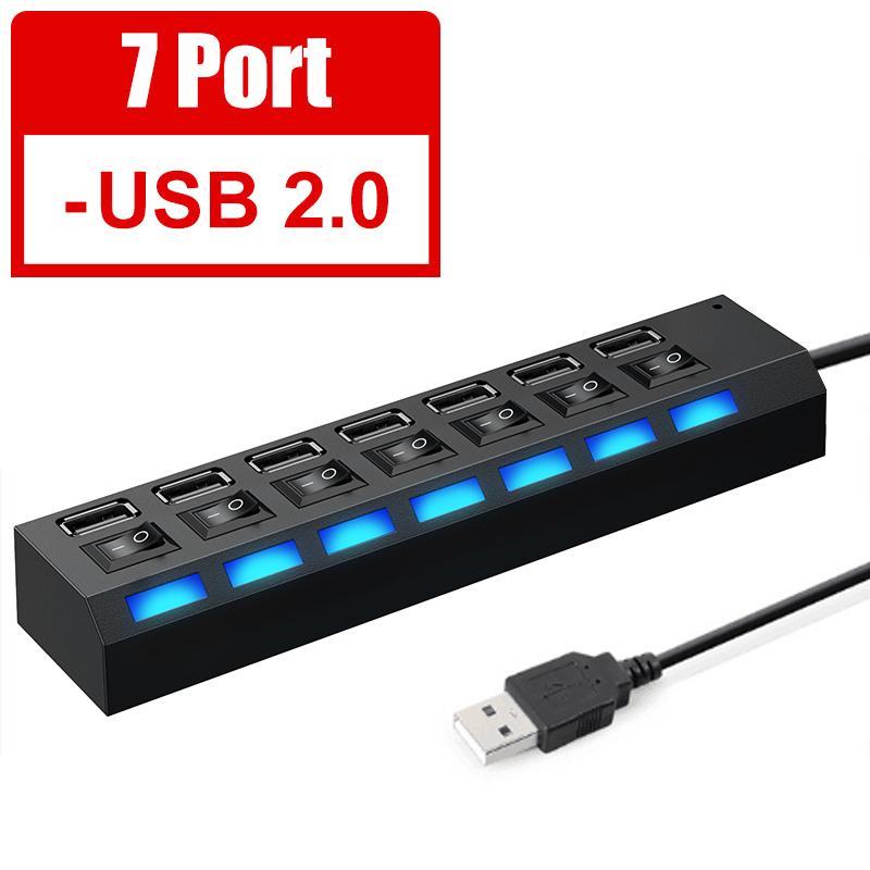 Multi Usb Hub 2.0 Mini Hub Usb Splitter 4/7 Usb-poorten Met Aan/Uit Schakelaar Hab Ondersteuning Power Hoge speed Pc Computer Accessoires: Black 7 Ports