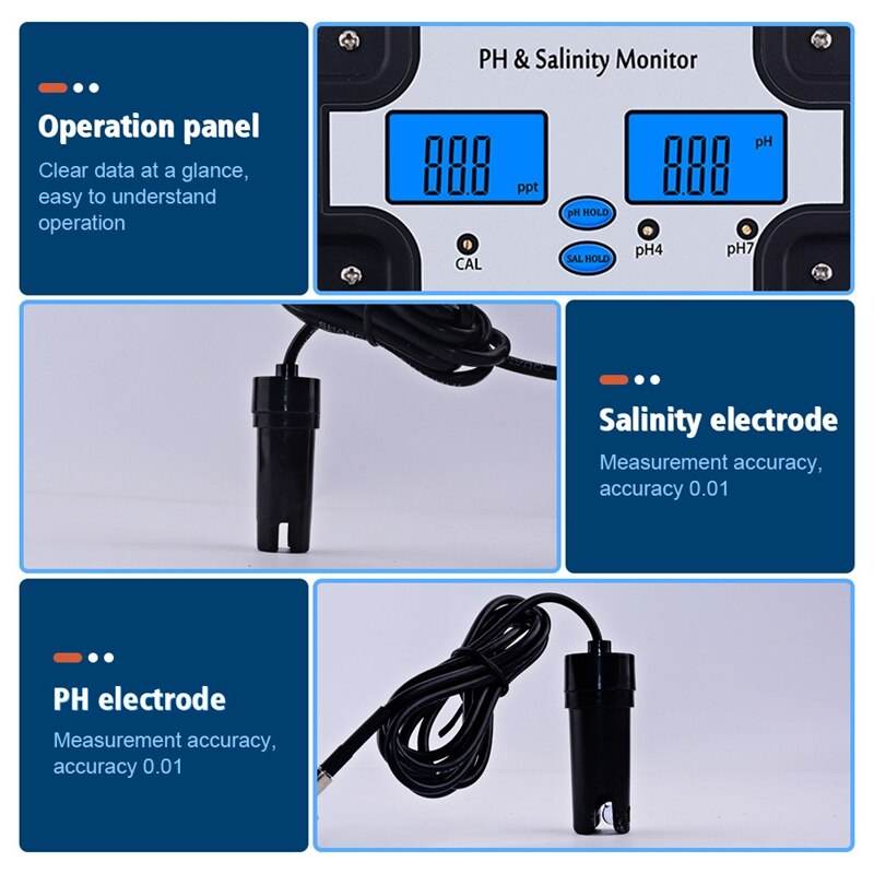 PH-2685 PH & Salinity Monitor 2 in 1 Ph Meter&Salinity Tester for Aquarium Pool Spa Seawater Horticultural EU Plug