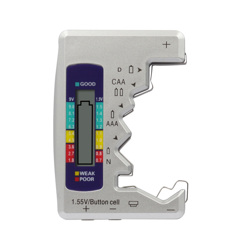 Batterietester-Checker mit LCD-Display, kleiner Mehrzweck-Batterieprüfer für C AA AAA D N 9V 6F22 1,5V Knopfzellen: Silber