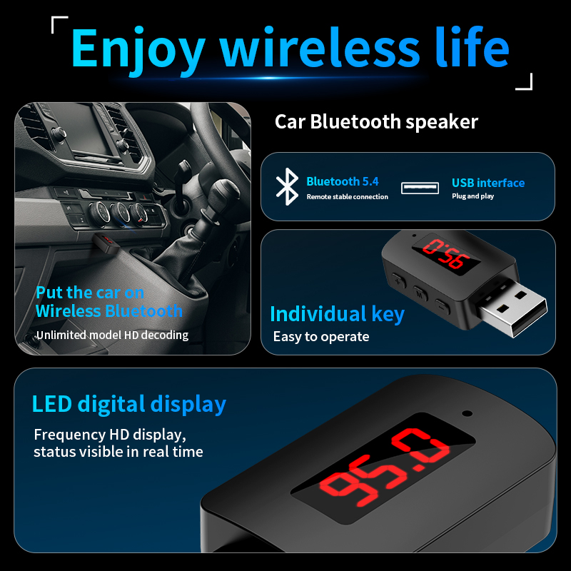 Bluetooth 5.4 Auto Zender Ontvanger Handsfree Bellen Carkit Mini USB Power Auto Draadloze Audio Adapter Voor Fm Radio TV Speaker