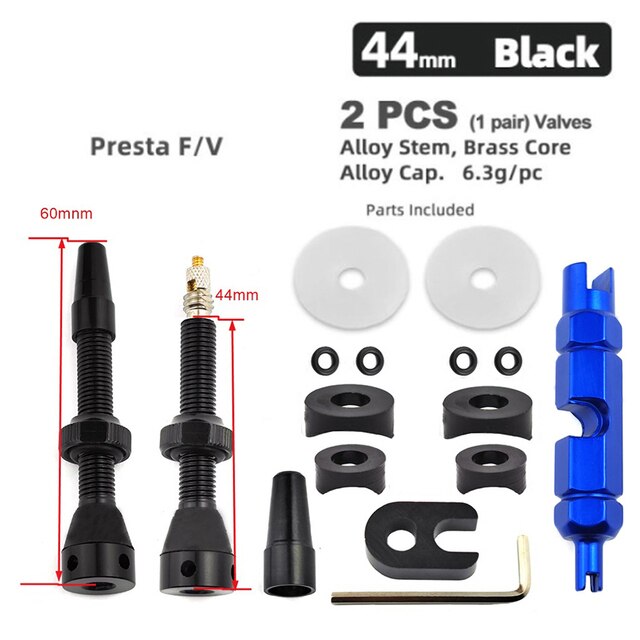 40/60Mm Fiets Tubeless Band F/V Klep Vacuüm Air Valve Aluminium Mtb Road Fiets Tubeless valve Tool Set Fietsen Onderdelen: 44mm Black B