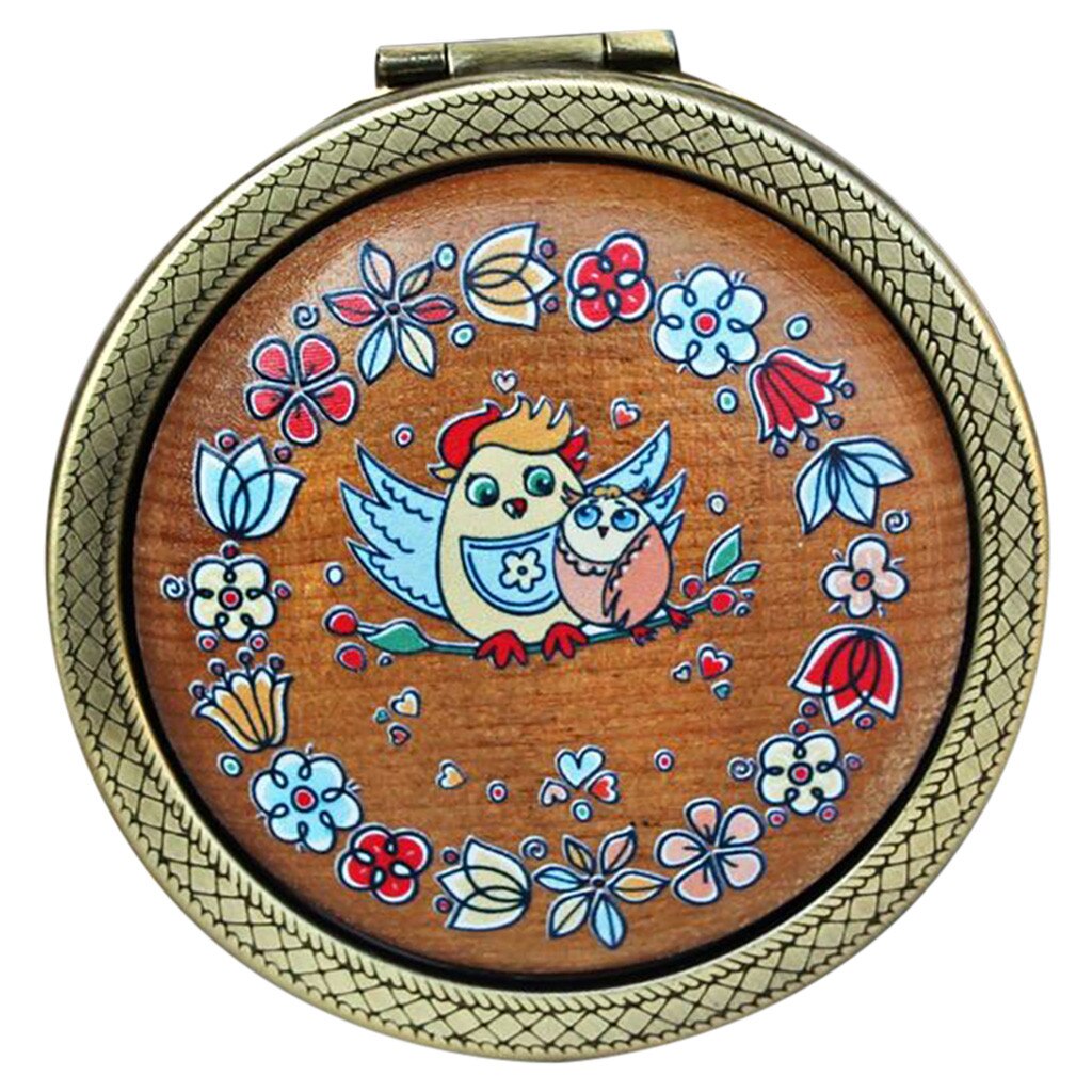 Wooden Retro Mini Mirror Metal Cartoon Printed Double-sided Folding Round Mirror: E