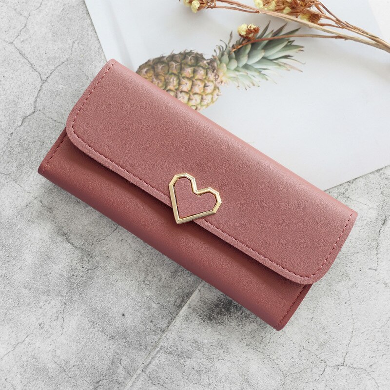 Cute PU Leather Purse Heart-shaped Decoration Long Multi-card Wallet Purse Buckle Clutch Mobile Phone Student Women's Wallet: DarkPink