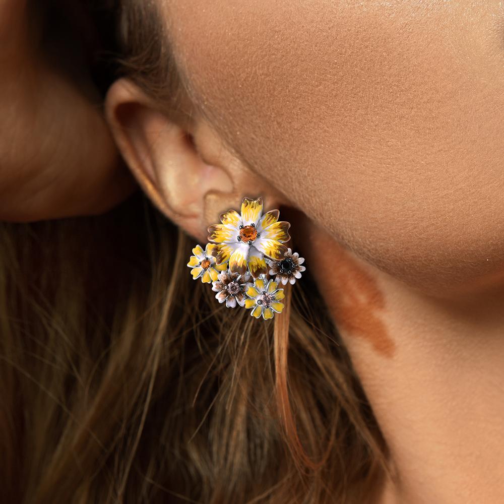 SANTUZZA Silver Jewelry Set for Women 925 Sterling Silver Yellow Flowers Earrings Ring Set Fine Jewelry Handmade Enamel