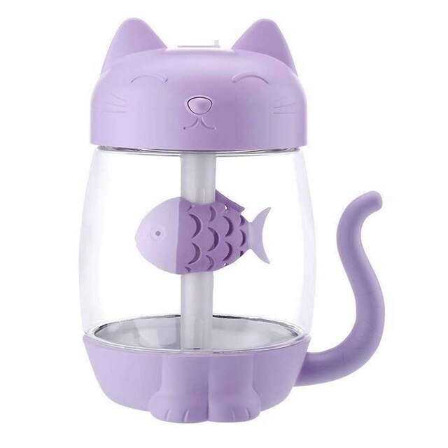 3 i 1 katt luftfukter ultralyd kul-tåke bedårende mini reisetilbehør med mini usb-vifte til reise: A-lilla